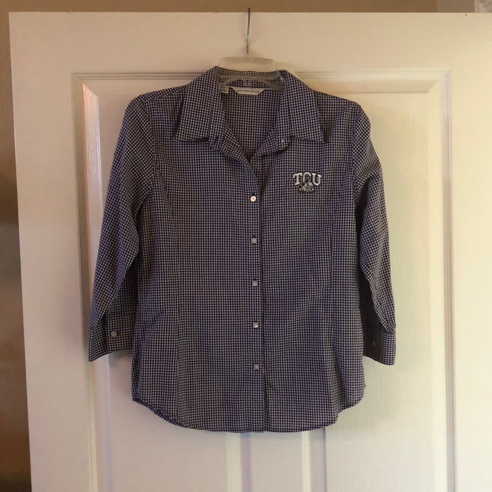 TCU purple checked Cutter & Buck shirt
